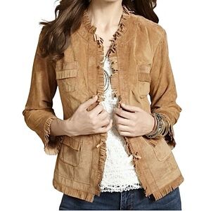 Chico’s Lexi Fringe Suede Leather Jacket L 12 Saddle Tan Boho Western Bohemian